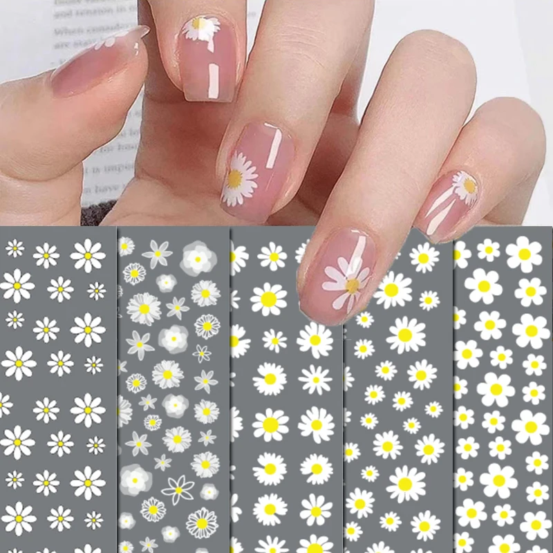 

3d Nail Art Adhesive Sliders Stickers Daisy Florals White Petals Flowers Decals Decoration For Nails Manicure Accessories