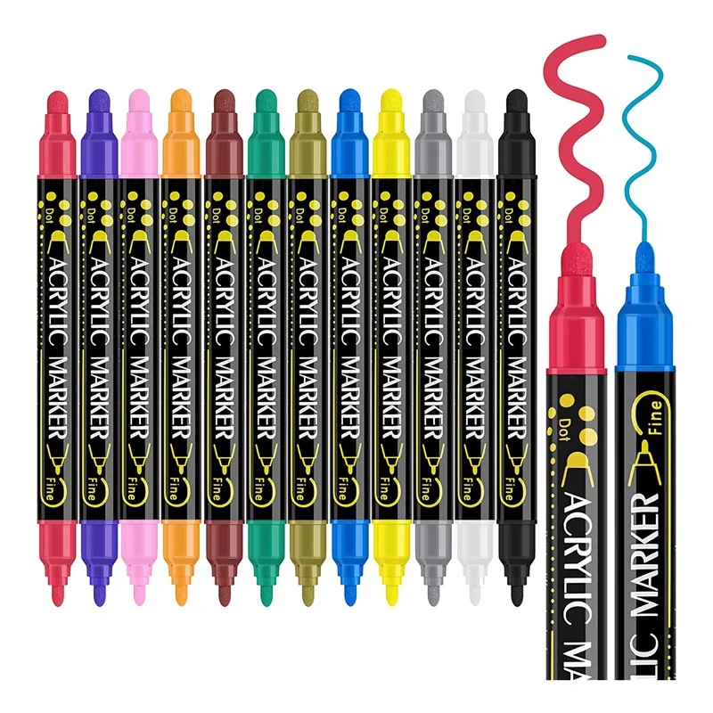 

Акриловые ручки с двойным наконечником, 12 цветов, акриловые ручки для краски дерева, холста, камня, каменной живописи, стеклянных поверхностей