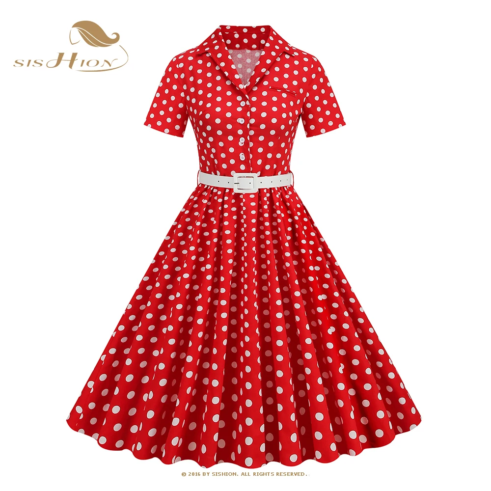 

SISHION Short Sleeve Summer Cotton 50s 60s Vintage Dress Retro VD3887 Polka Dots Turn Down Collar Women Party Dresses Red Blue