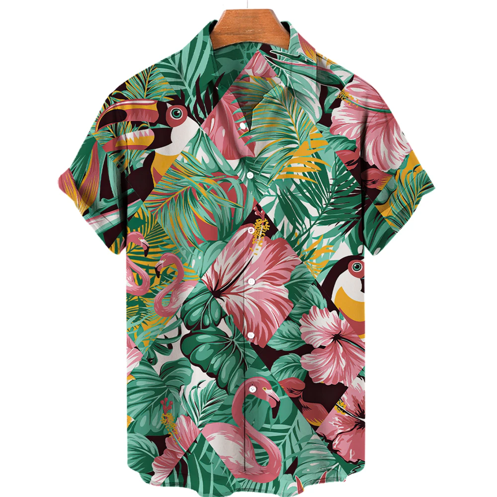 

Hawaiian Tropical Plant Flower Flamingo Print Design Men's Short Sleeve Shirt Seaside Beach Fashion Button-Down Shirt Top