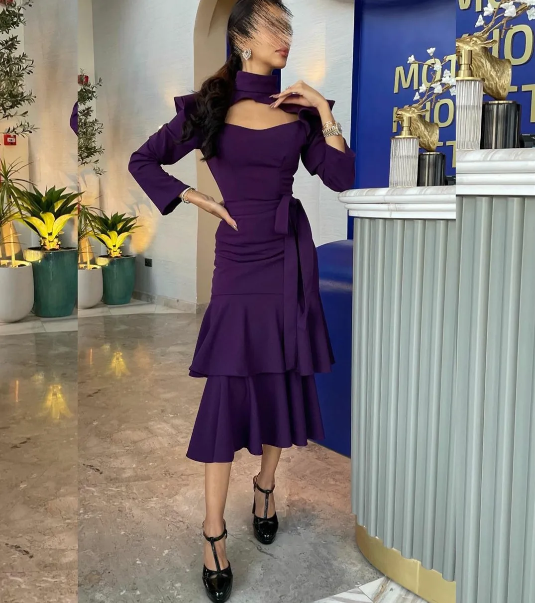 Elegant Short Purple High Neck Evening Dresses Mermaid Long Sleeve Ruffled Tea Length Formal Party Dress for Wome
Elegant Short Purple High Neck Evening Dresses Mermaid Long Sleeve Ruffled Tea Length Formal Party Dress for Wome