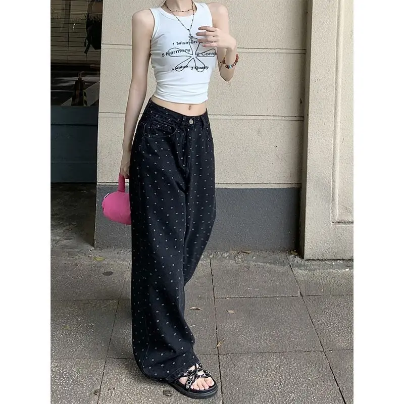 

Design Sense Black Polka Dot Straight Leg Jeans Women Fall 2023 New High-waisted Pants Wide-leg Pants Loose Pants