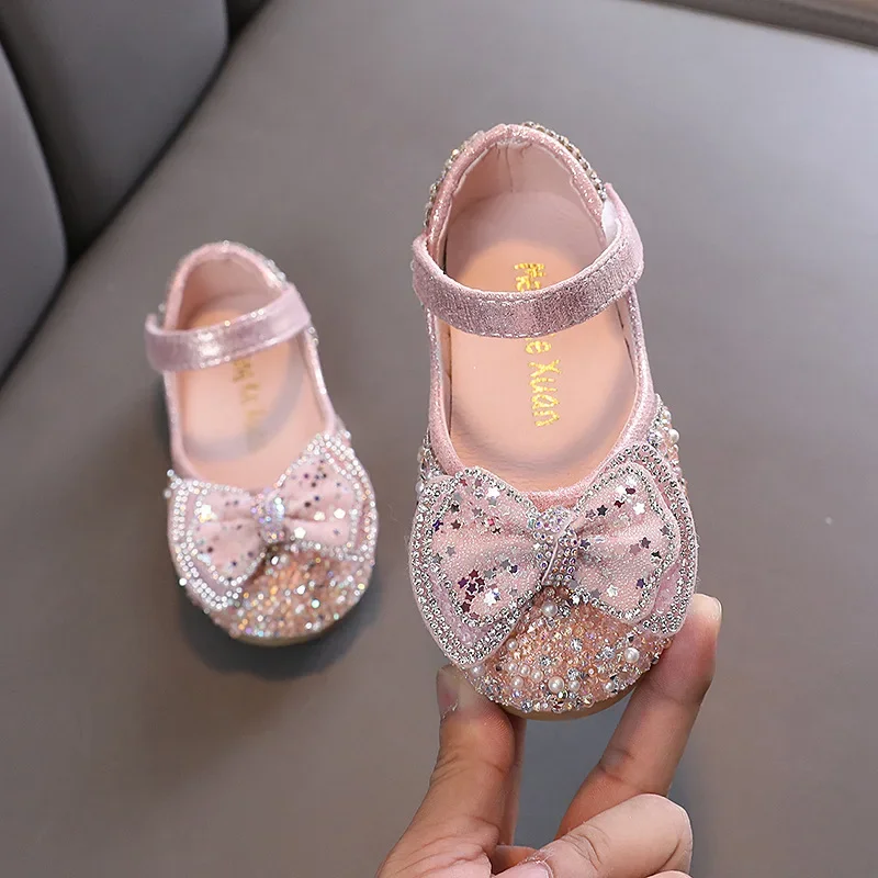 

Children Princess Shoes Sweet Sequins Bowknot Girl Leather Shoes Mary Jane Fashion Shallow Chic Pearl Kids Flats Shoes Non-slip