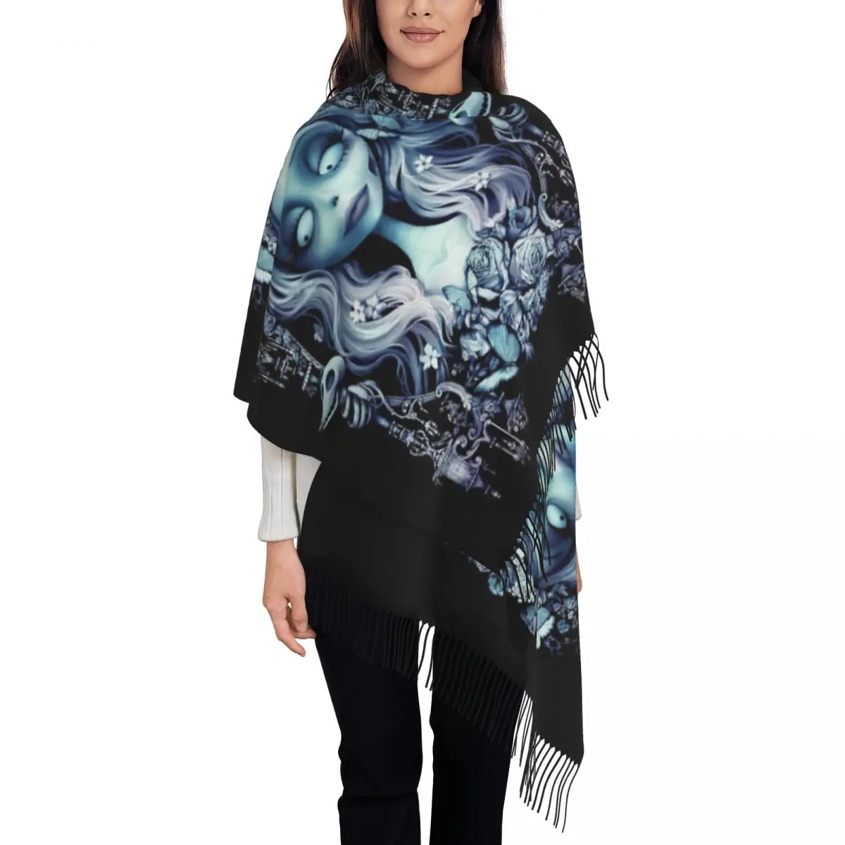 

Corpse Bride Art Scarf Lady Film Headwear Scarves with Tassel Winter Luxury Brand Shawls Wrpas Warm Soft New Design Bufanda