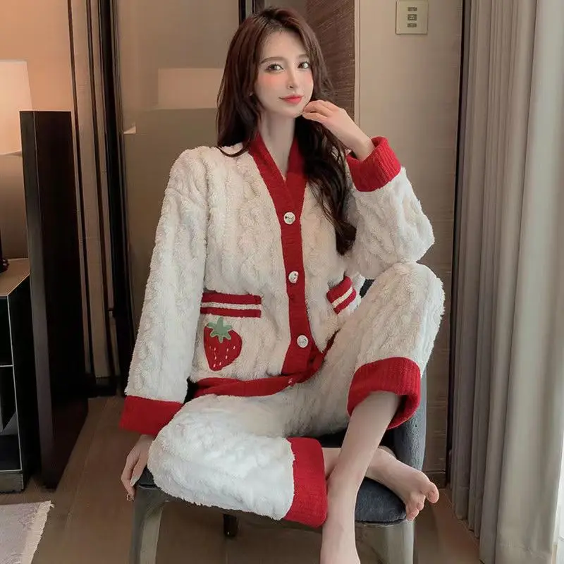 

Autumn Winter Kawaii Cartoon Pajama Sets Women Pyjamas Warm Flannel Long Sleepwear Girl Pijama Mujer Night Suits Homewear