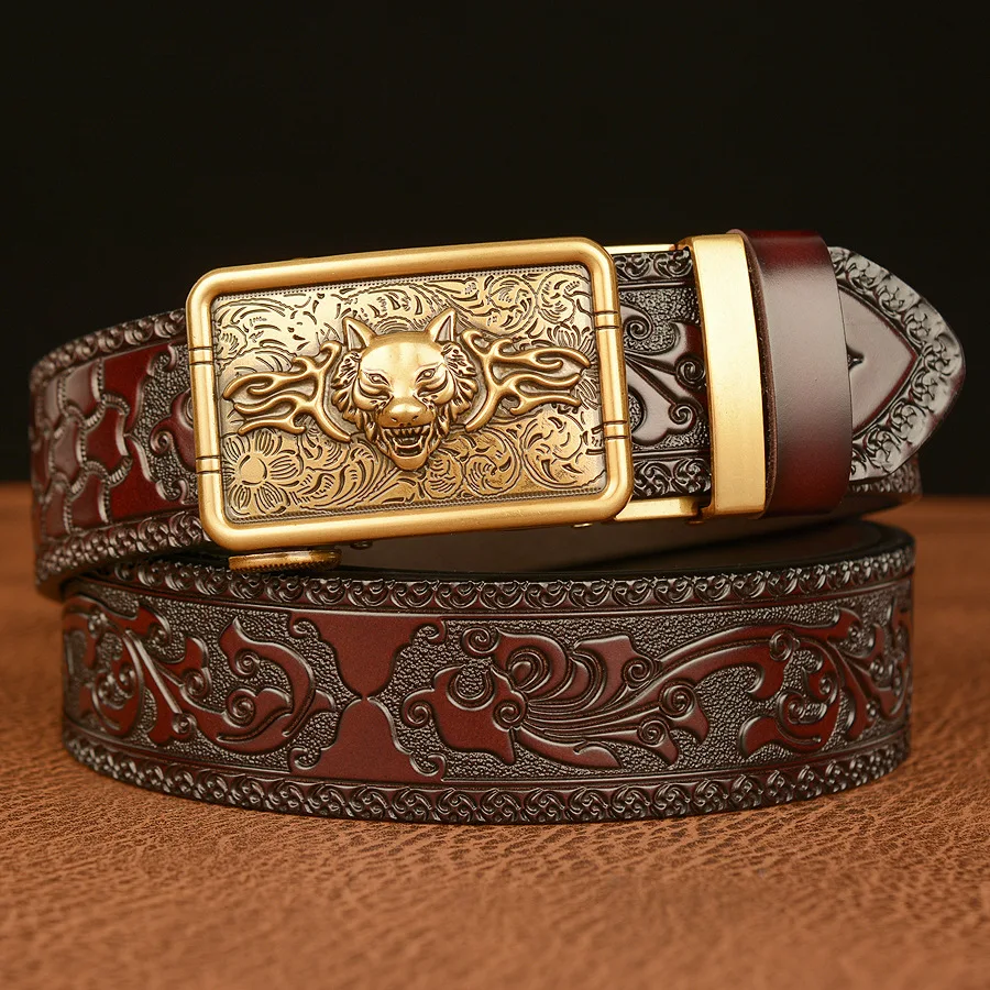 

Personalized Wolf Head Casual Belt, Middle Youth Fashion Belt, Tang Grass Pattern Carved Men's Automatic Buckle Leather Belt