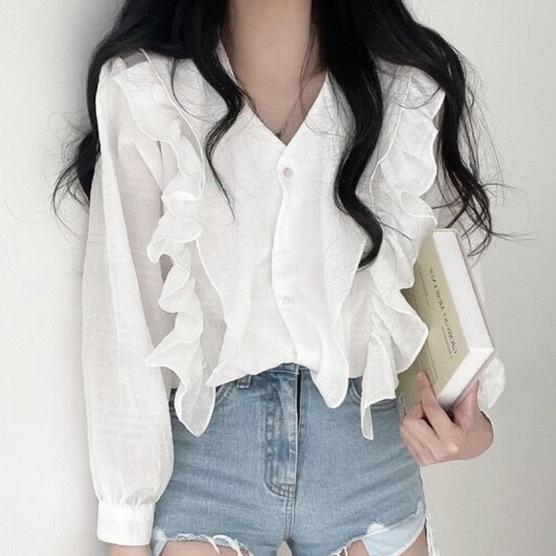 Retro Minority Ruffled V-neck Long-sleeved Shirt for Women's Super Immortal Age Reducing Sunscreen Top Woman T-shirts Polo Tops
Retro Minority Ruffled V-neck Long-sleeved Shirt for Women's Super Immortal Age Reducing Sunscreen Top Woman T-shirts Polo Tops