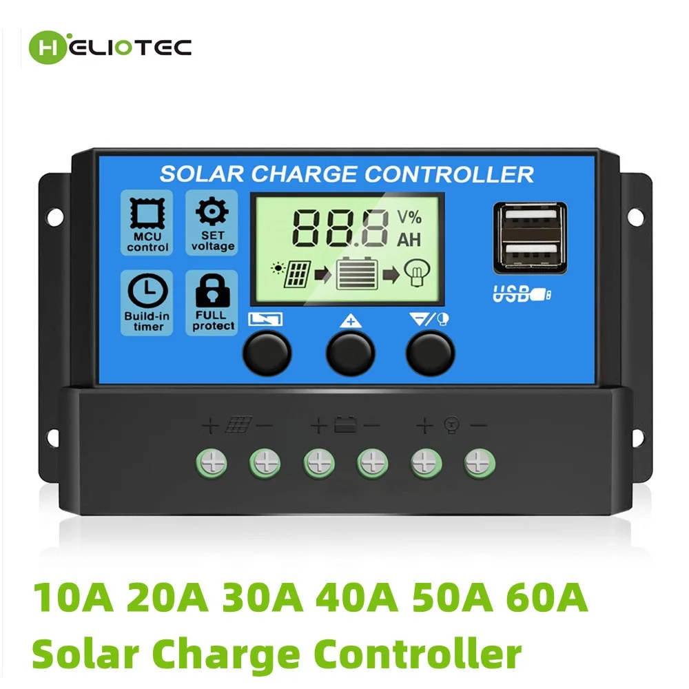 

HELIOTEC SOLAR 10A 20A 30A 40A 50A 60A PWM Solar Charge Controller Dual 5V USB LCD Display 12/24V Solar Panel Charger Regulator