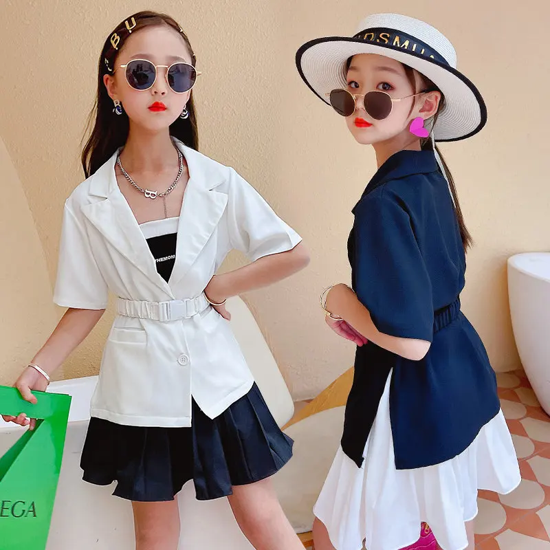 

Girls Korean Clothes New Suit Jacket Short Sleeve Black White Color Summer Teenager Fashion Jackets Coats With Belt 5 6 8 10 12Y