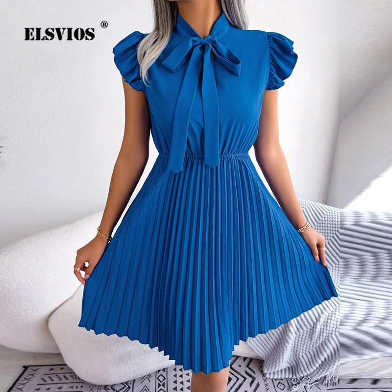 

Lady Stand Collar Lace-up Elegant Dress Fashion Solid Fold Pleated Dress Women Summer 2023 Lotus Leaf Sleeve Beach Party Dresses