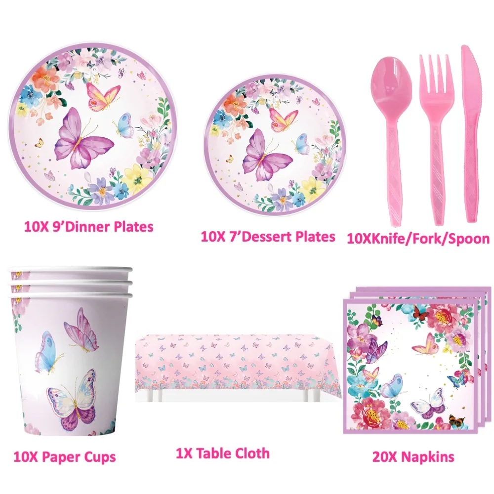 

81PCS Butterfly Decoration Plates Cup Napkins For Birthday School College Baby Shower Dinning School Birthday Party Supply