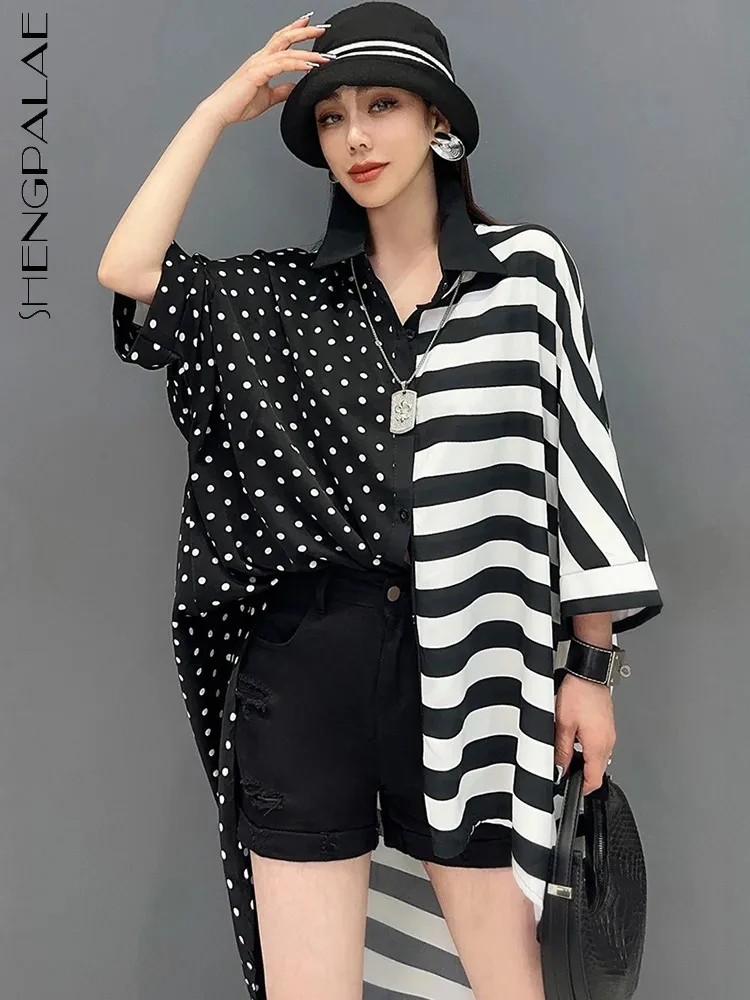 

SHENGPALAE 2024 Spring New Long Shirt Short Sleeve Polka Dot Stripe Design Sense Fashion Casual Loose Women Wear Clothes 5R9634