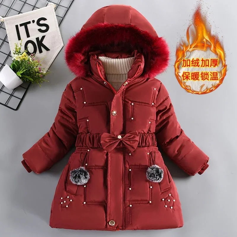 

2023 New Thick Keep Warm Winter Girls Jacket Detachable Hat Plush Collar Hooded Coat for Kids 4 Color Children Birthday Present