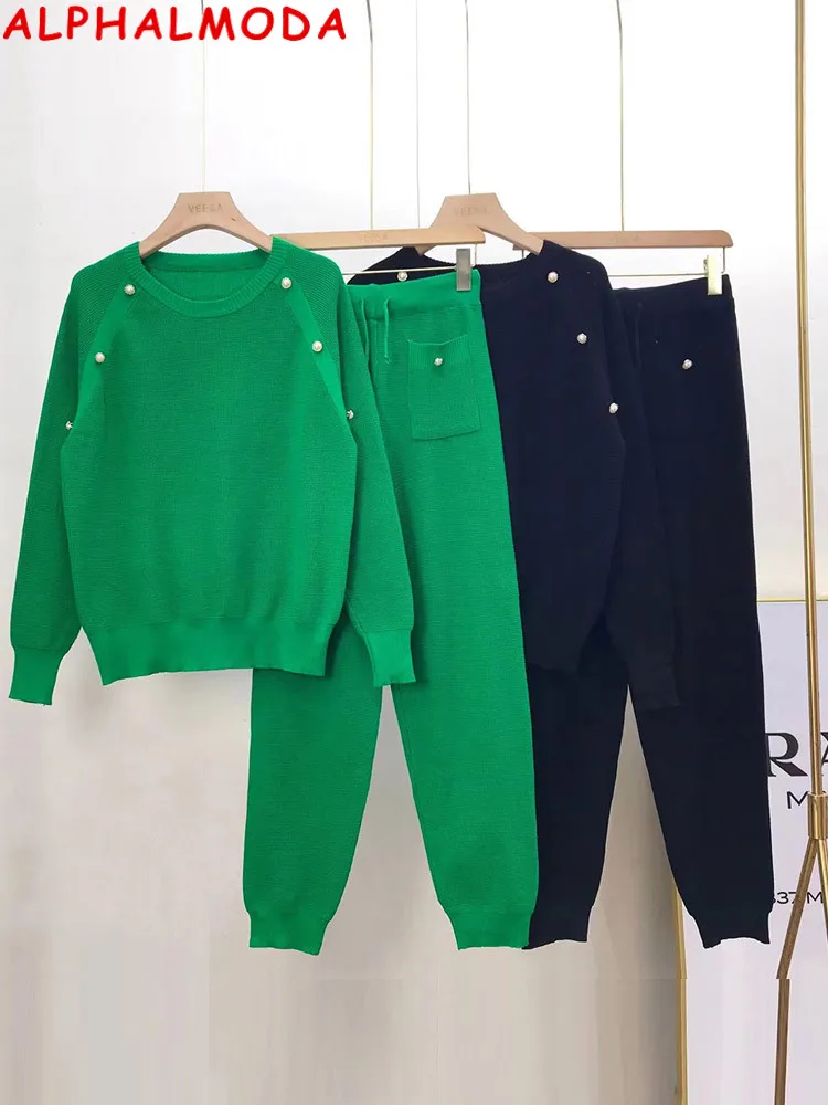 

ALPHALMODA 2022 Winter New Women Button Details Long Sleeved Knitted Sweater Top Jogger Pants 2pcs Casual Suits