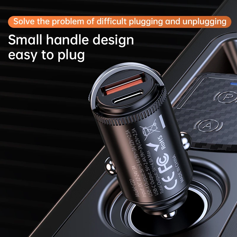 

Korseed USB C Car Charger PD 27W+QC3.0 Dual USB Super Fast Car Chargers Zinc Alloy Mini Flush Fit Pull Ring Fast Charging