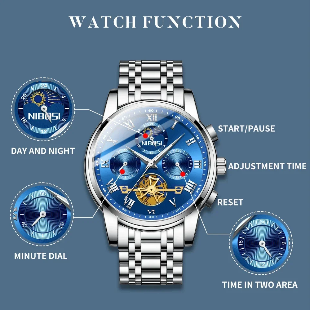 

NIBOSI Watches For Men Luxury Original Classic Man Quartz Clock Analog Chronograph Gold Waterproof Moon Phase Male WristWatch