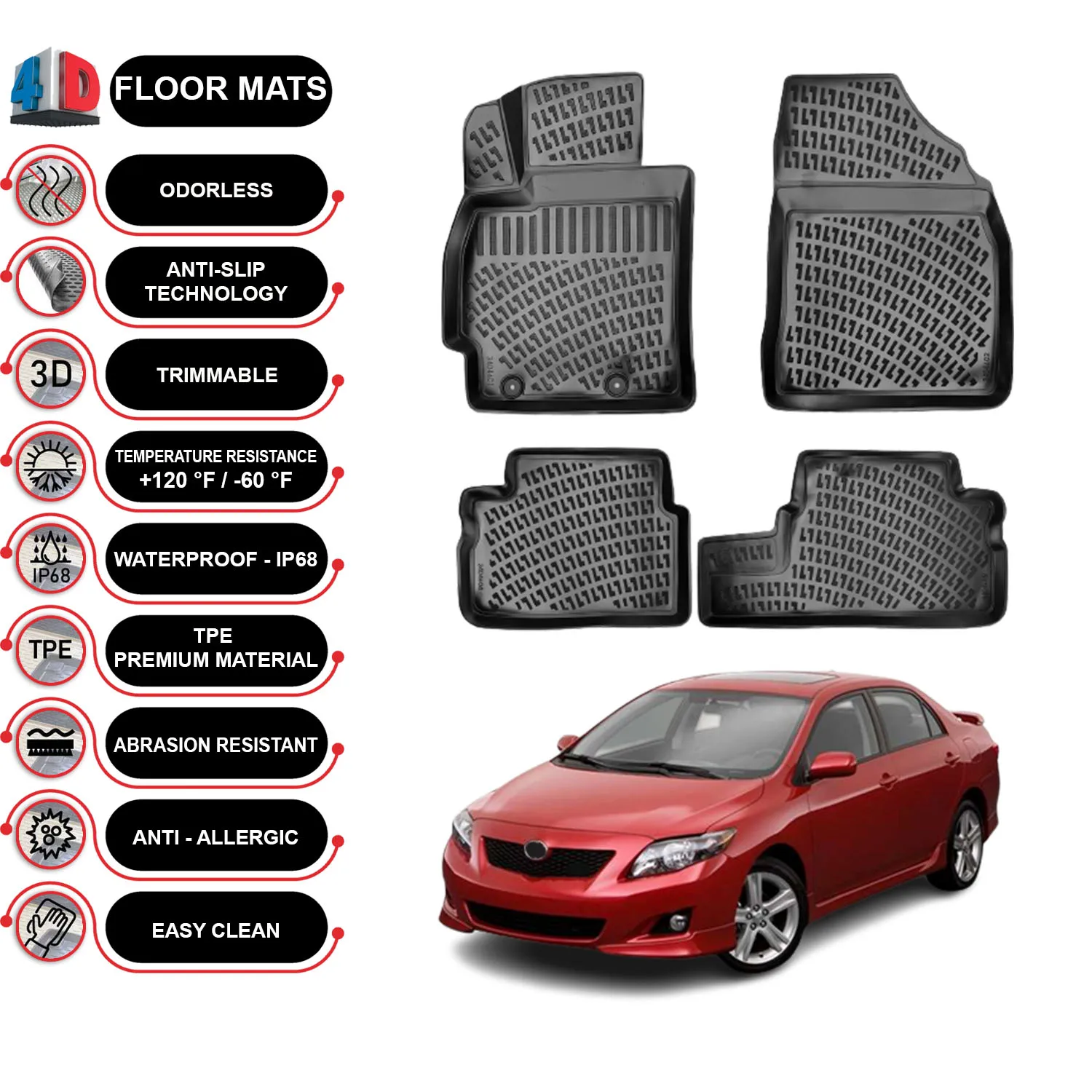 Toyota Corolla - (2006-2012) Floor Mats Liner Waterproof 3D - (Black)
Toyota Corolla - (2006-2012) Floor Mats Liner Waterproof 3D - (Black)
