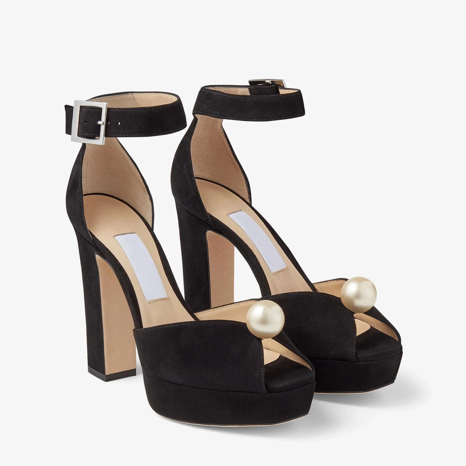 

London Socorie 120 Black Suede Platform Sandals With Pearl Detailing