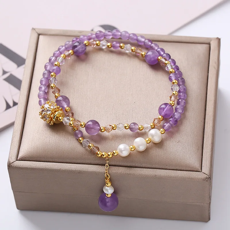 

Stunning Double Loop Bracelet with Natural Amethyst Purple Crystal Bead Bracelet for Women DIY Hand Jewelry Set New Arrived