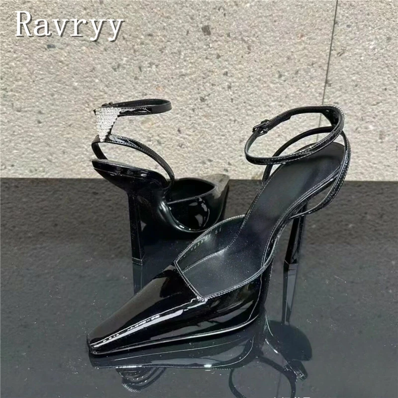 

Brand New Black Patent Leather Sandals Pointed Toe Rhinestones Thin High Heels Ankle Strap Shoes Women Party Office Stilettos