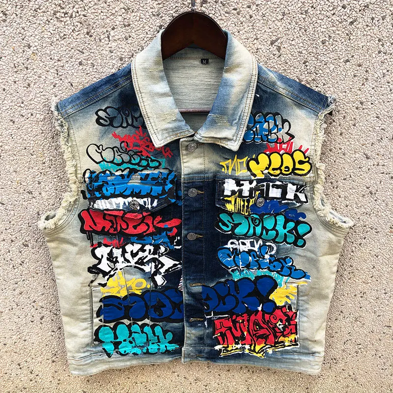 Hand Painted Graffiti Denim Vest Letter Jacket Punk Streetwear Fall Coat For Male Bomber Vest Jacket Men Casual Print Hip Hop
Hand Painted Graffiti Denim Vest Letter Jacket Punk Streetwear Fall Coat For Male Bomber Vest Jacket Men Casual Print Hip Hop