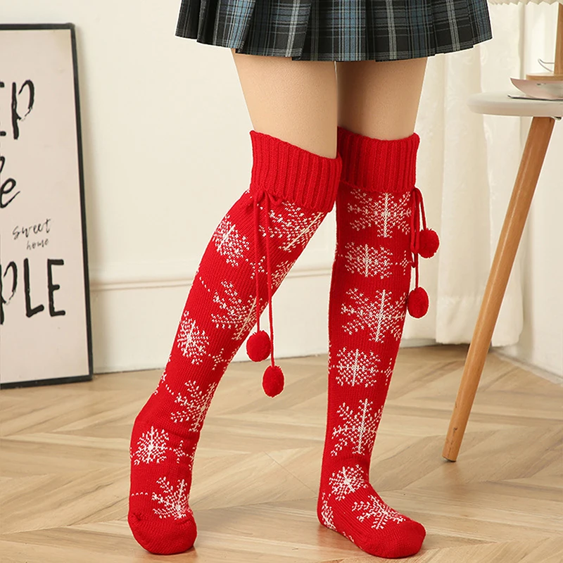

Women's Red Christmas Snowflake Knitted Thigh High Boot Socks Extra Long Winter Stockings Over Knee Leg Warmers New Year 2024