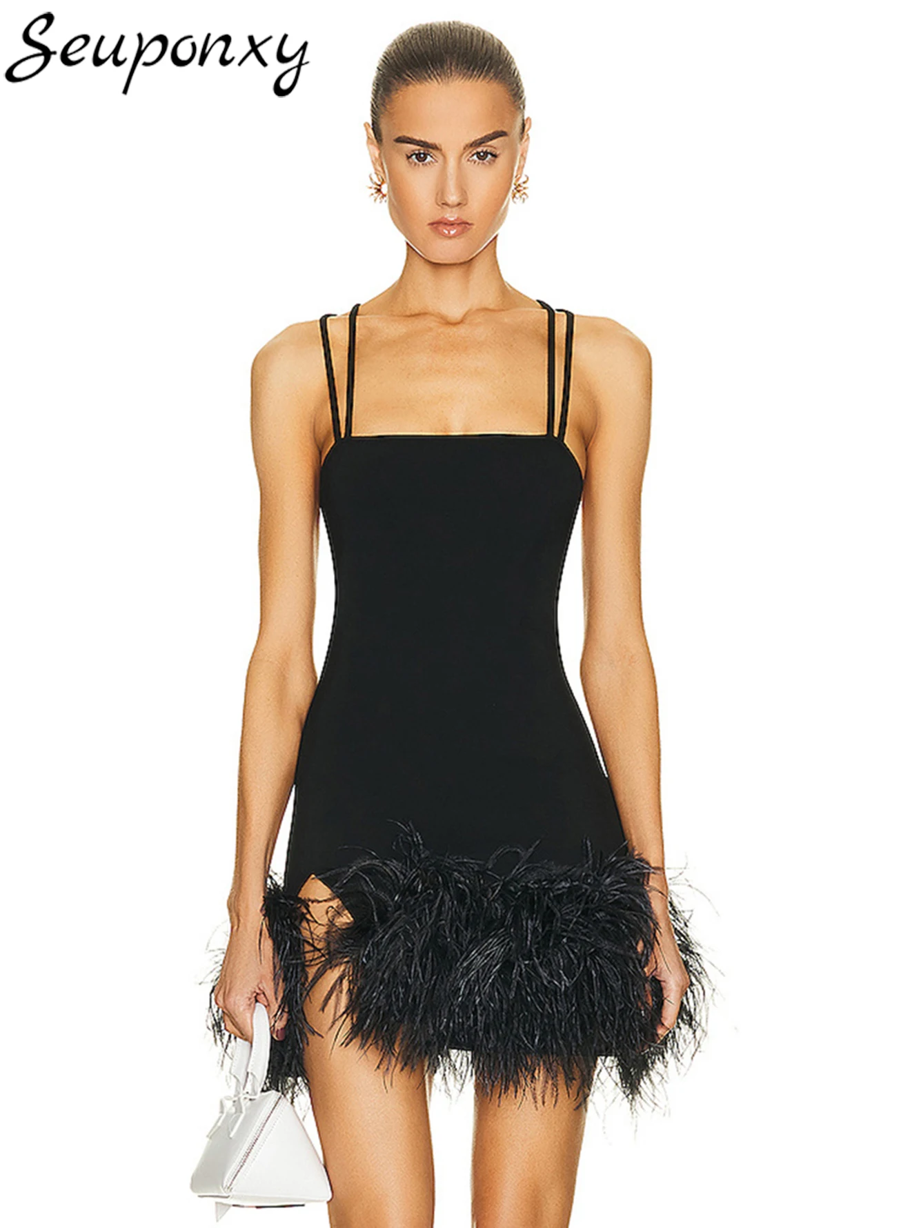 High quality 2023 Summer Women's Sexy Sleeveless Backless Mini Bandage Dress Black Feather Celebrity Club Party Dress Vestidos
High quality 2023 Summer Women's Sexy Sleeveless Backless Mini Bandage Dress Black Feather Celebrity Club Party Dress Vestidos