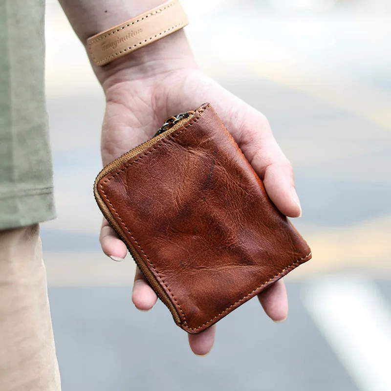

Японский винтажный старинный кошелек AETOO, Большая вместительная сумочка для мелочи цвета хаки из растительного дубления