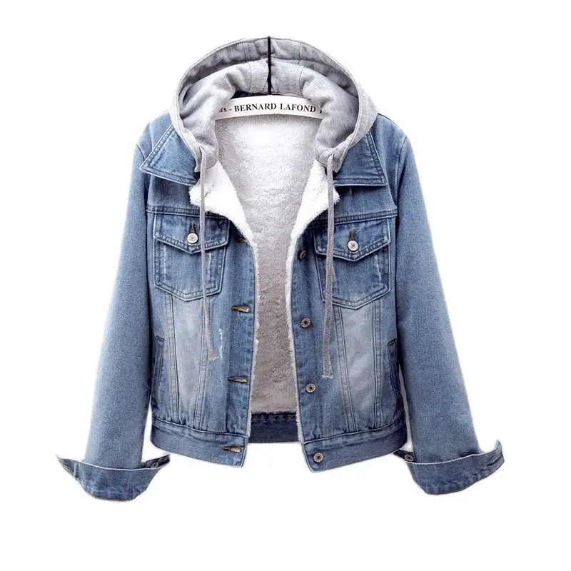 

2024 Warm Autumn Winter Women Jacket Female Casual Denim Outerwear Gray Cowboy Top Fleece Coat Long Sleeve Jean Bomber 5Xl Hoody