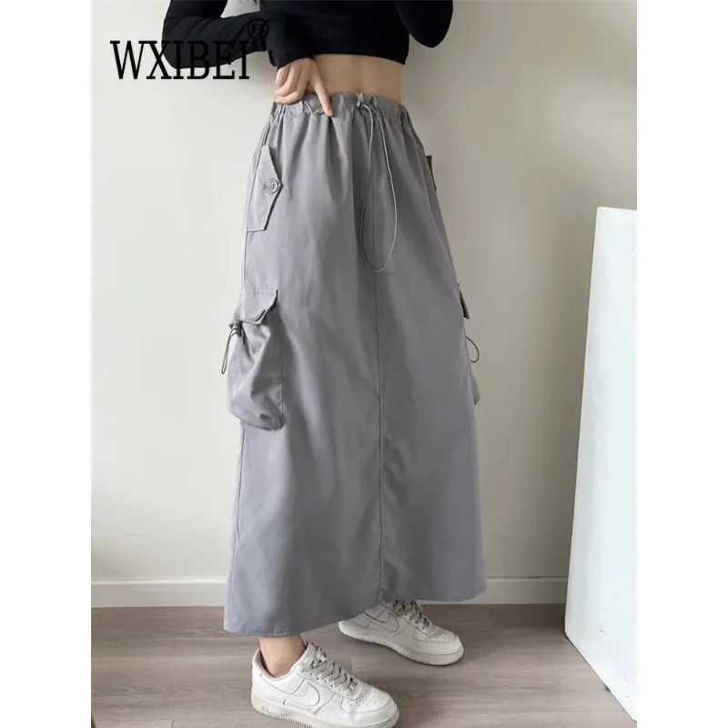 

WXIBEI Midi Skirts For Women High Waist Skirt Ladies Black Cargo A-line Skirt Jupes Longues Pour Femmes Fille Rocke Damen FC910