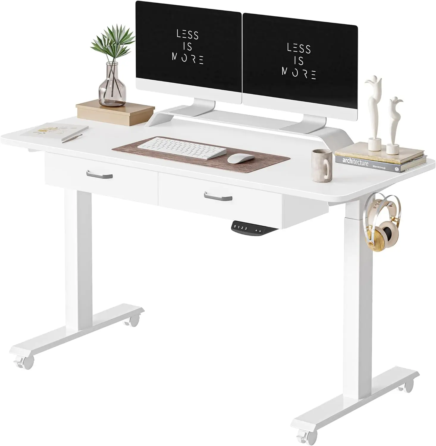 

Adjustable Height Electric Standing Desk with Double Drawer, 55 x 24 Inches Stand Up Home Office Desk with Splice Tabletop