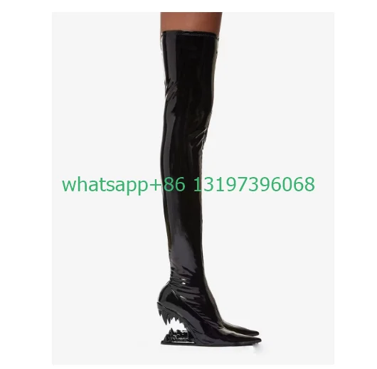 

Lady gold cut-ou heel thigh patent boots pointed toe PU black green color T show punk boots over the knee size 34-43 footwear