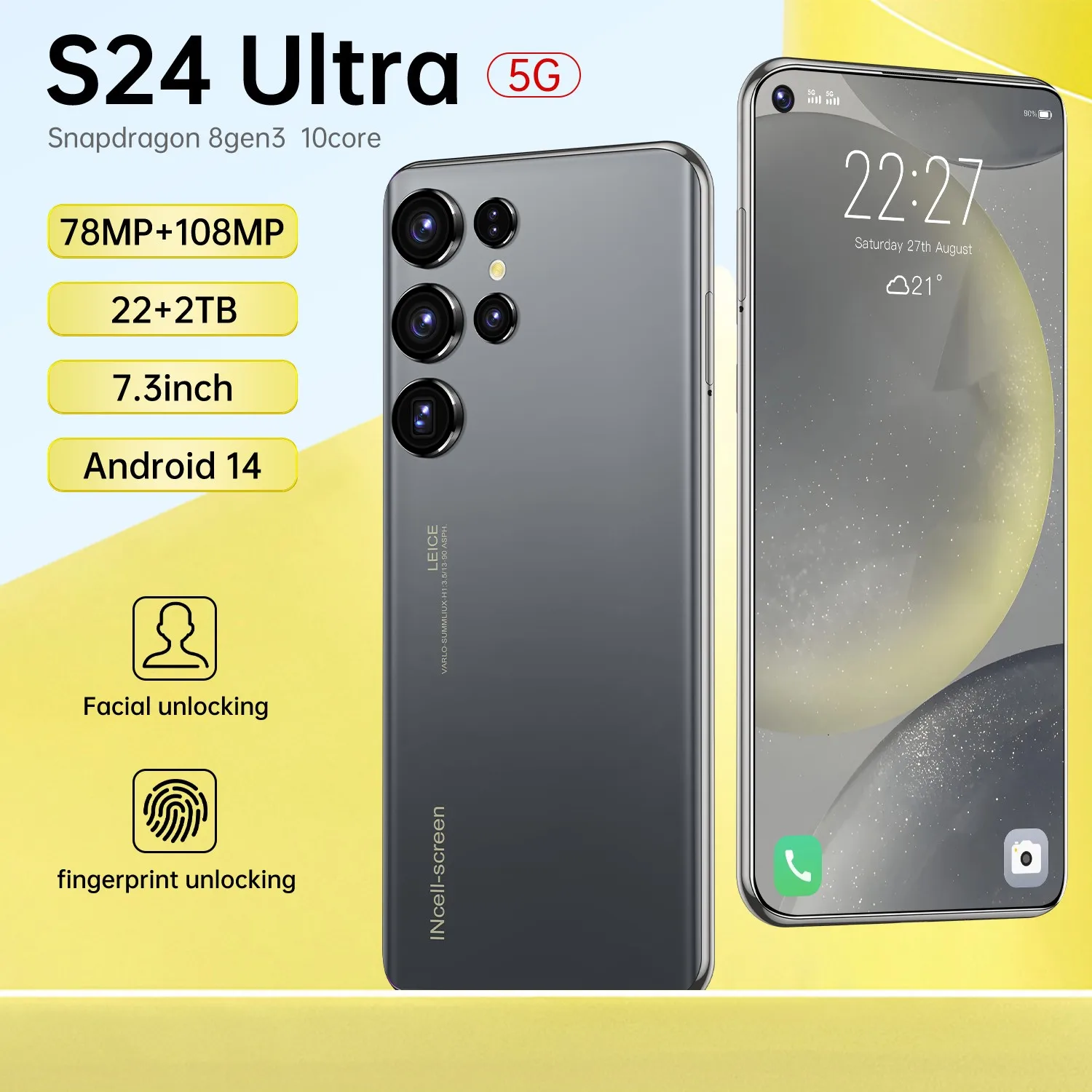 

2024 оригинальный смартфон S24 Ultra, 22 ГБ + смартфон, сотовый телефон с двумя Sim-картами, сотовые телефоны Android 14, мобильный телефон с разблокировкой по лицу, 7800 мАч