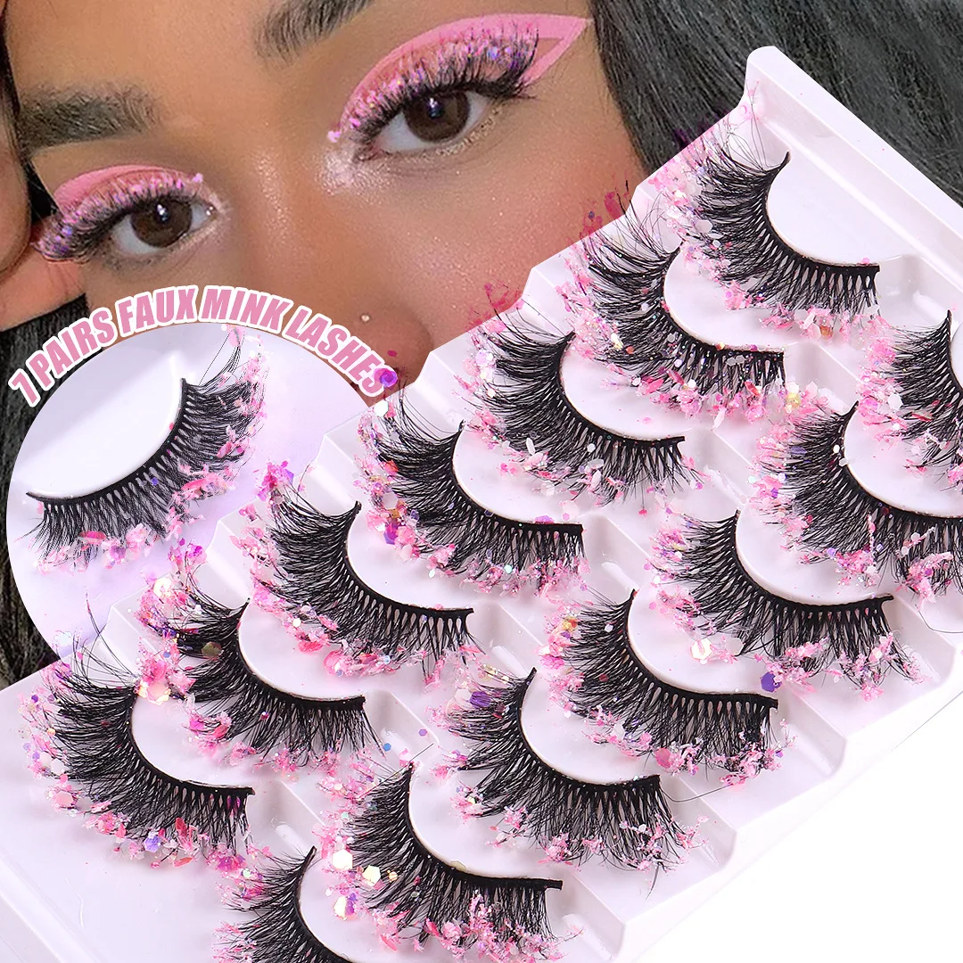

7 Pairs New glitter Powder European American Style Fake Lashes Color Luminous Natural Nude Makeup Stage 3D False Eyelashes