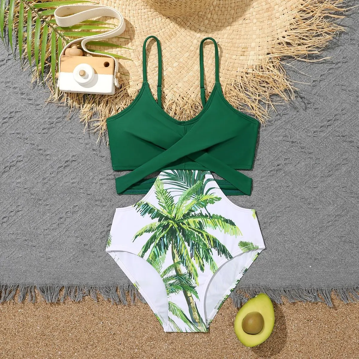 

Coconut Palm Print Girls One Piece Swimsuit Teens Kids Swimwear 7-12 Year Children Beachwear Cut Out Bathing Suit Monokini Green