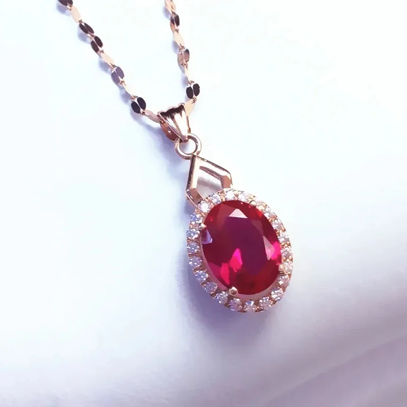 

585 Purple Gold Inlaid Ruby Geometric Crystal Pendant 14K Rose Gold Charm Neckalce for Woman Classic Romantic Wedding Jewelry