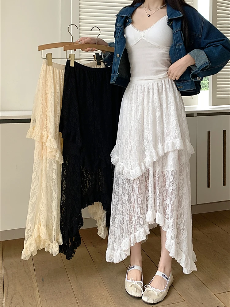 

Женская кружевная юбка в готическом стиле, Летняя асимметричная плиссированная юбка с высокой талией и рюшами, юбка длинная юбка миди