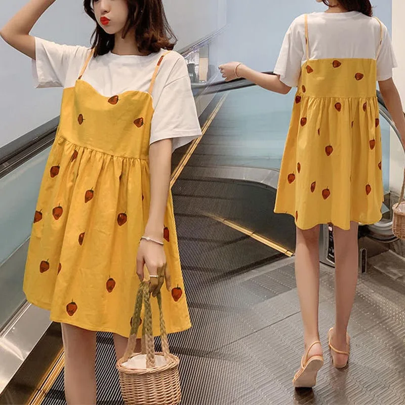 

Maternity Dresses Summer Fashion Clothing Wear 2024 Loose Short-sleeved Pregnancy Skirt Fake Two-piece Dress for Pregnant Women