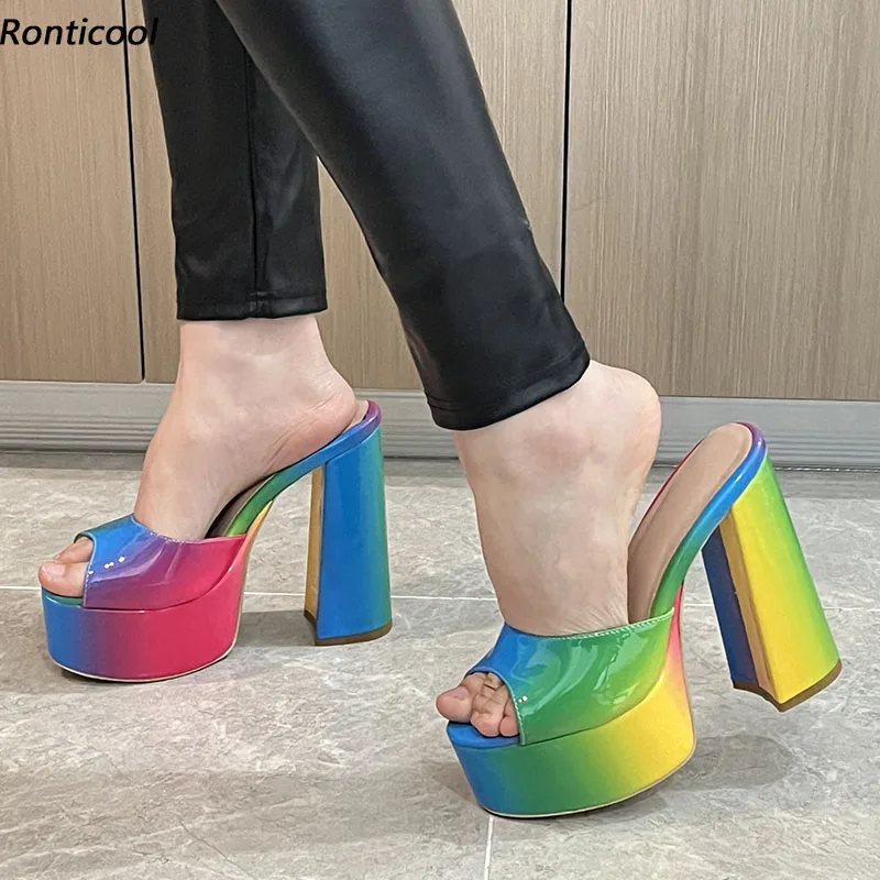 

Женские босоножки ручной работы Ronticool, летние сандалии на массивном высоком каблуке, красивые разноцветные Босоножки с открытым носком, женские босоножки в американском стиле 5-20