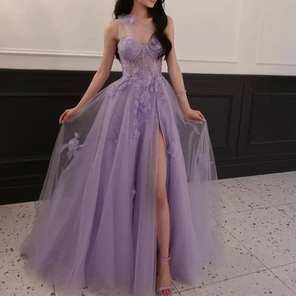 

Wakuta Lace Appliques Tulle Prom Dresses One Shoulder Bridesmaid Dress Long Evening Gowns with Slit vestidos de luxo para festa