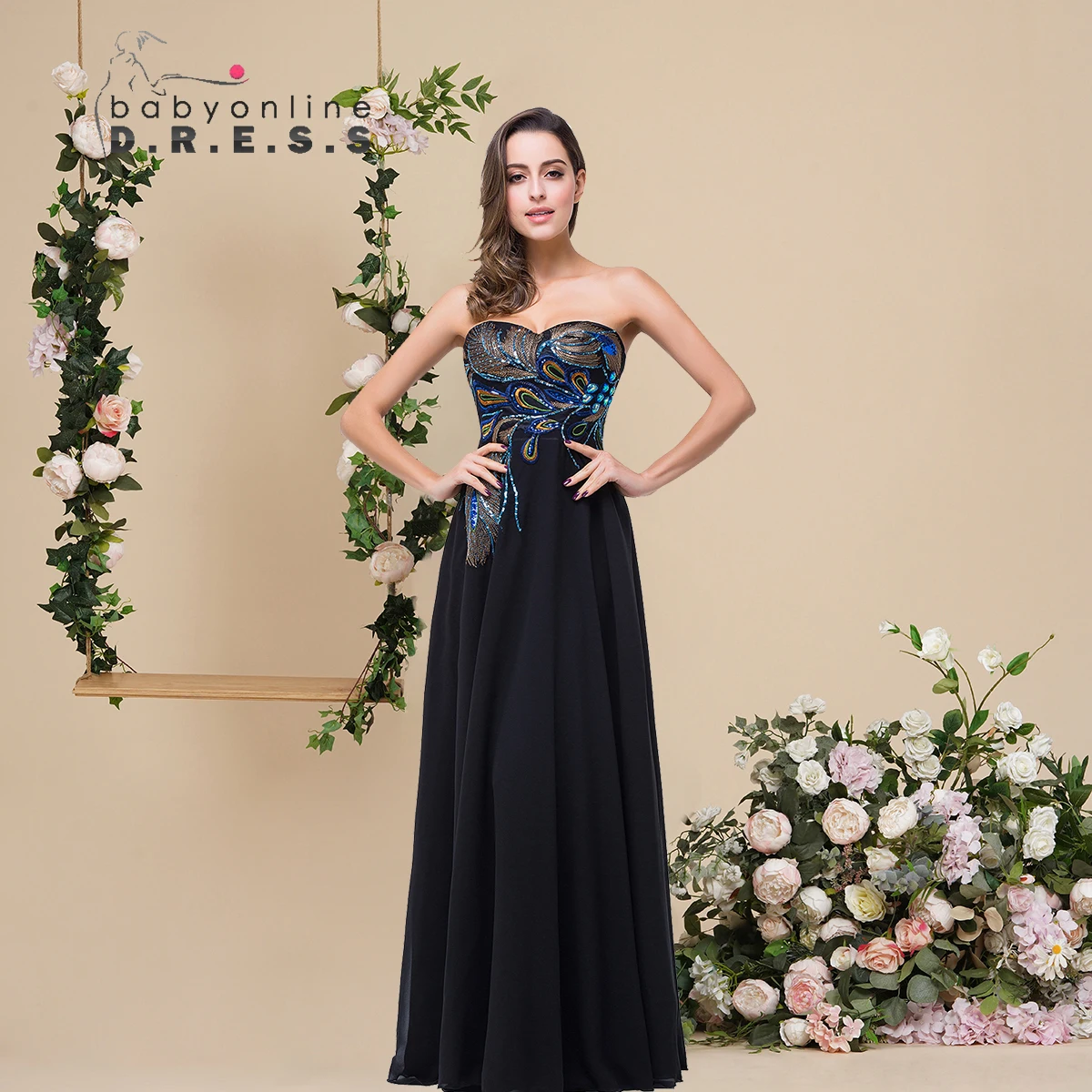 

BABYONLINE Strapless Peacock Embroidery Sequins Long Prom Dress A-line Full Length Open Back Sexy Chiffon Skirt Evening Gown