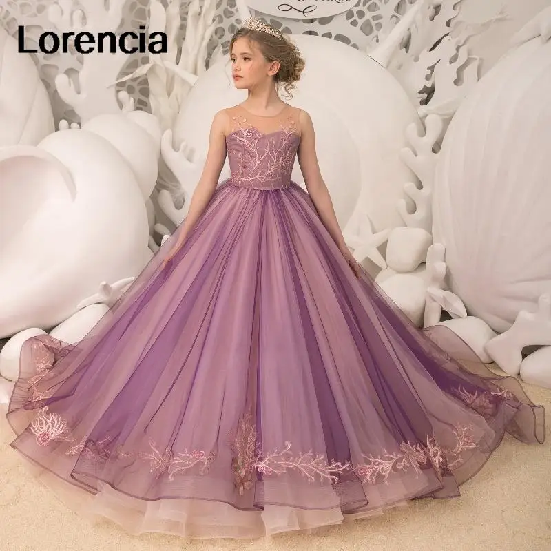 

Lorencia Purple Puffy Flower Girl Dress For Weddings Tulle Lace Applique Beading Kids Pageant Gown First Communion Dress YFD70