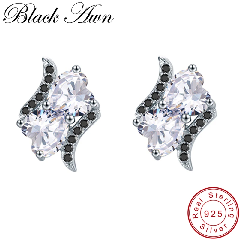 

[BLACK AWN] 100% Genuine 3.5g 925 Sterling Silver Heart Jewelry Black Spinel Stone Cute Engagement Stud Earrings for Women T109