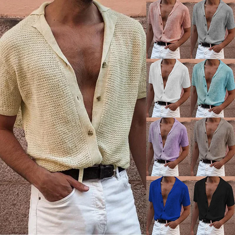 Men's Summer Tops Short Sleeve Single Breasted Breathable Knitted Shirts Men Casual Hollow Out Sweater Top
Men's Summer Tops Short Sleeve Single Breasted Breathable Knitted Shirts Men Casual Hollow Out Sweater Top