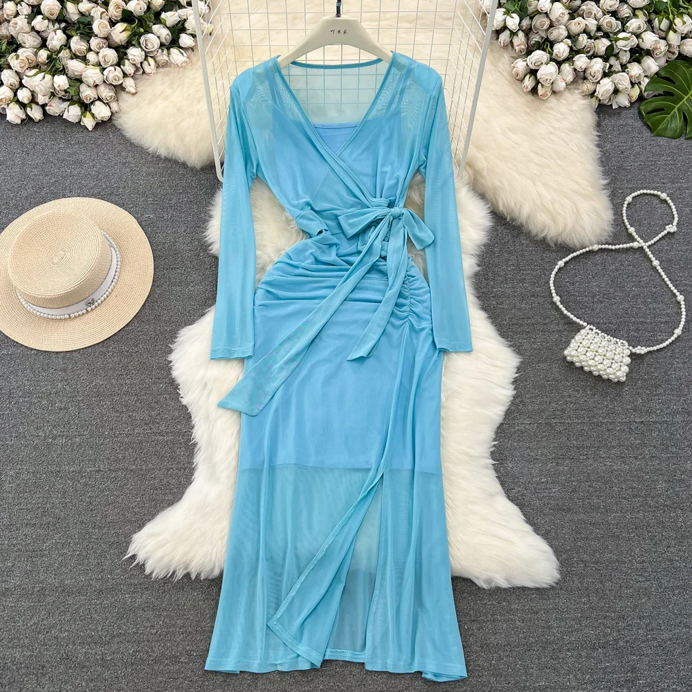 

Casual Women Summer Mesh See Through Long Dress Solid V Neck Full Sleeve Sash Bow Tied Slim Pleated Split Female Clothes Robe