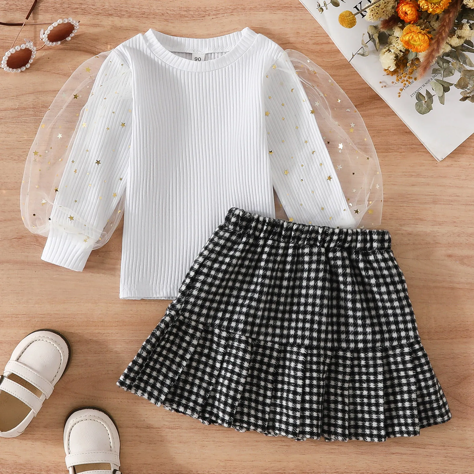 

Fashion Kids Girl Autumn Clothes Sets Outfits Sequins Stars Mesh Puff Sleeve Rib Tops Pleated Plaid Skirts Sets For Girls 1-5Y