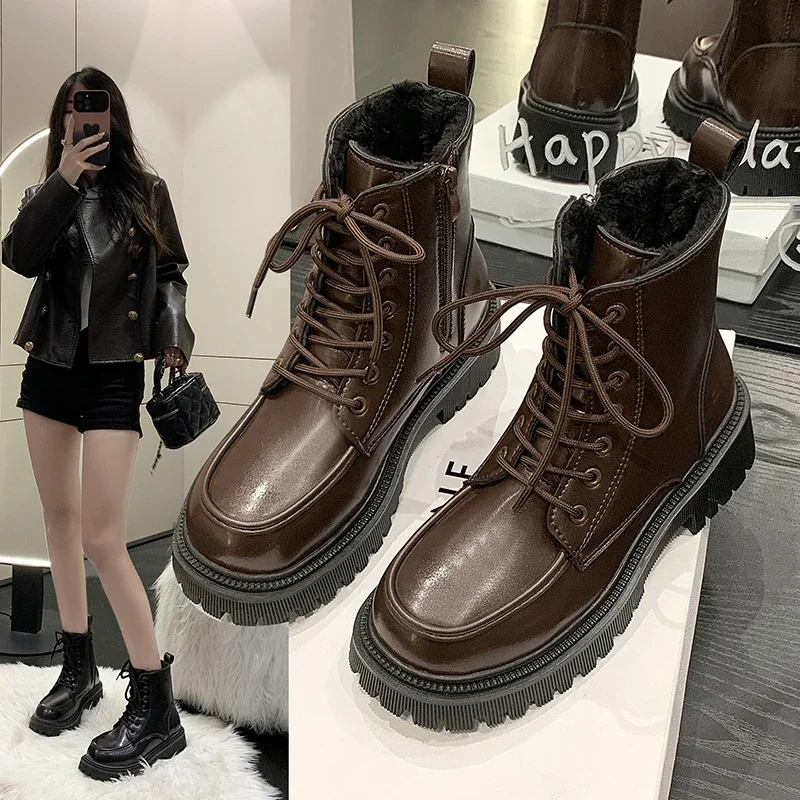 

New Fall/Winter Women Fashion Lace-up Martin Boots Platform Block Heeled Handsome Booties Color-block Knight Casual