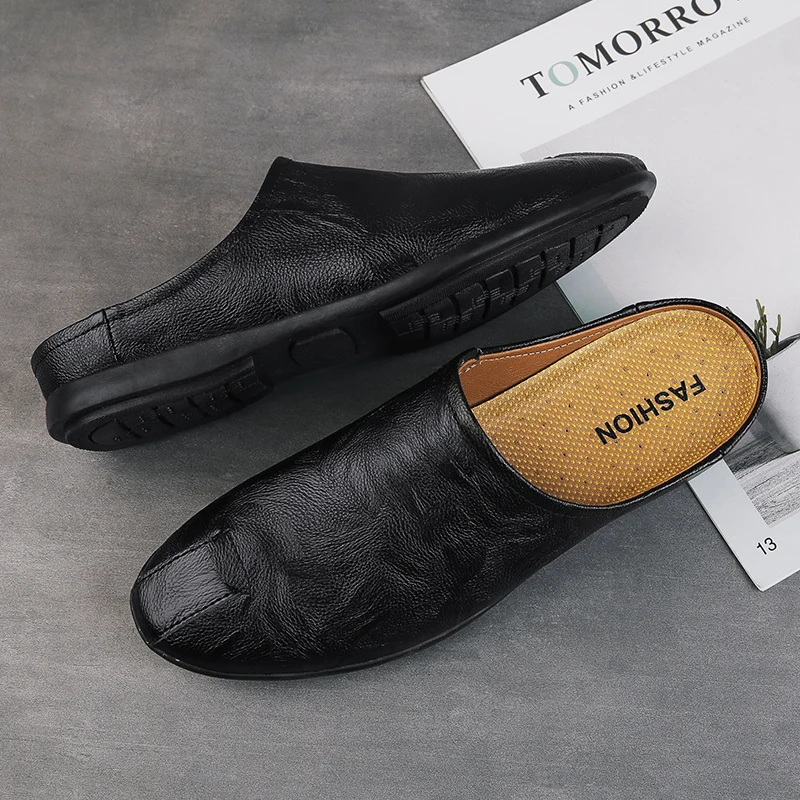 

Fashion Comfy Mens Muller Shoes Italian Men Slippers Genuine Leather Loafers Casual Outdoor Non-slip Half Slipper Men All-match