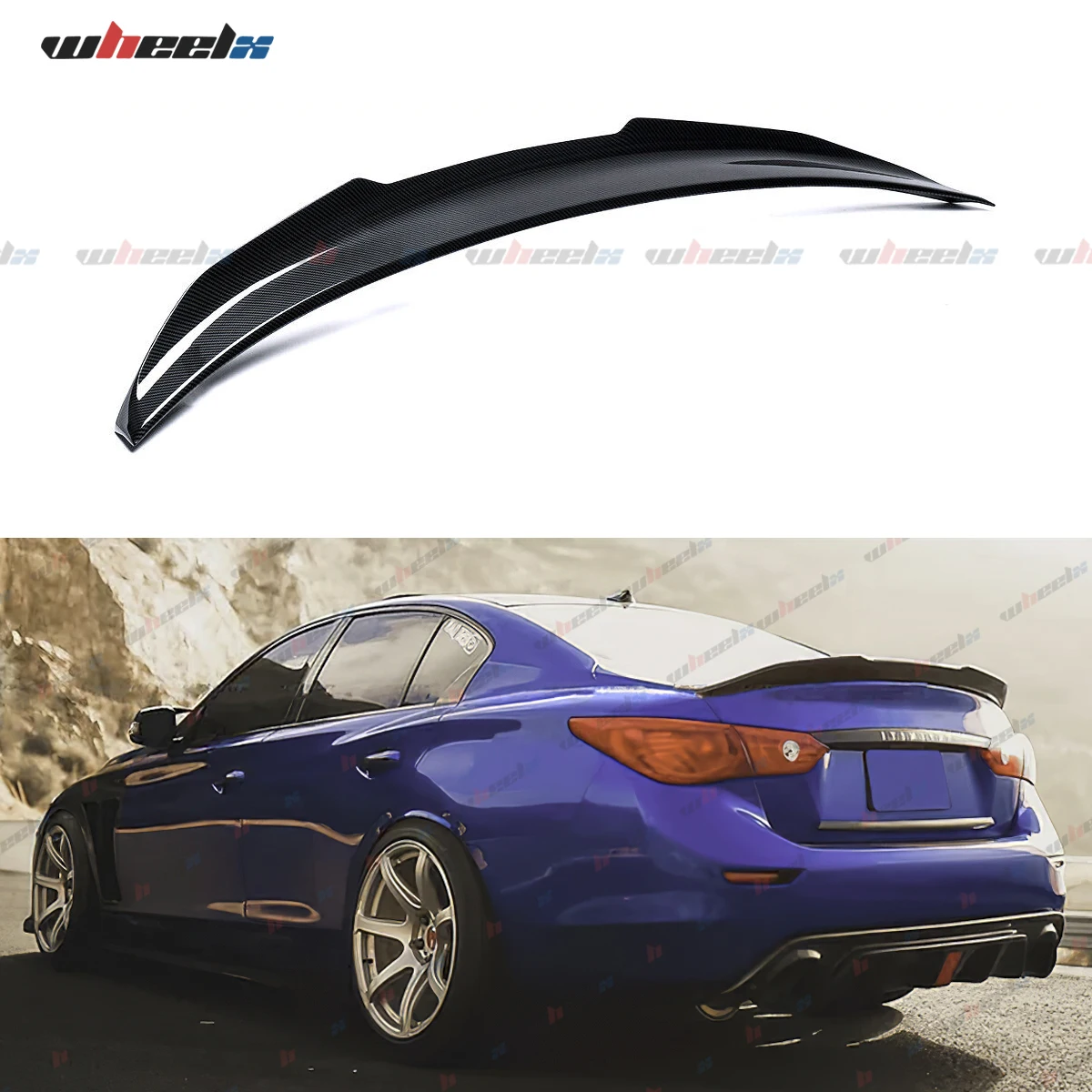 Rear Lip Trunk Spoiler Wing For 14-24 Infiniti Q50 Sedan PSM Carbon Fiber Style Rear Lip Trunk Spoiler Wing For 14-24 Infiniti Q50 Sedan PSM Carbon Fiber Style