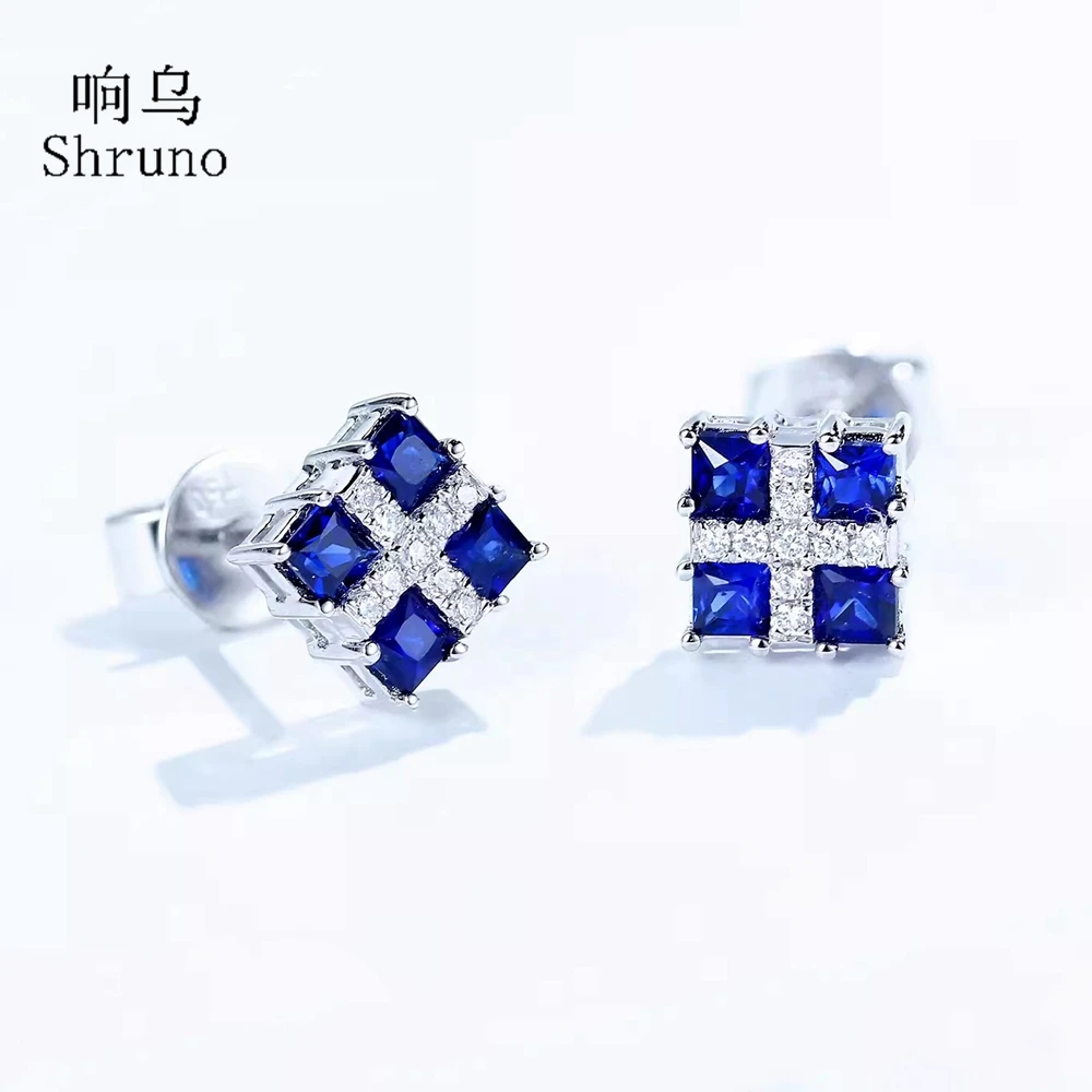 

Shruno Solid 18K au750 White Gold Cross Shape Sapphire/Ruby/Emerald Stud Earrings Real Diamonds Women Antique Anniversary Party